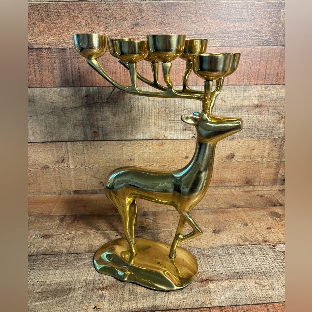 Vintage Large Tall 14.5” Brass Deer Reindeer Votive 8 Candle Holders MCM Holiday - Picture 3 of 13